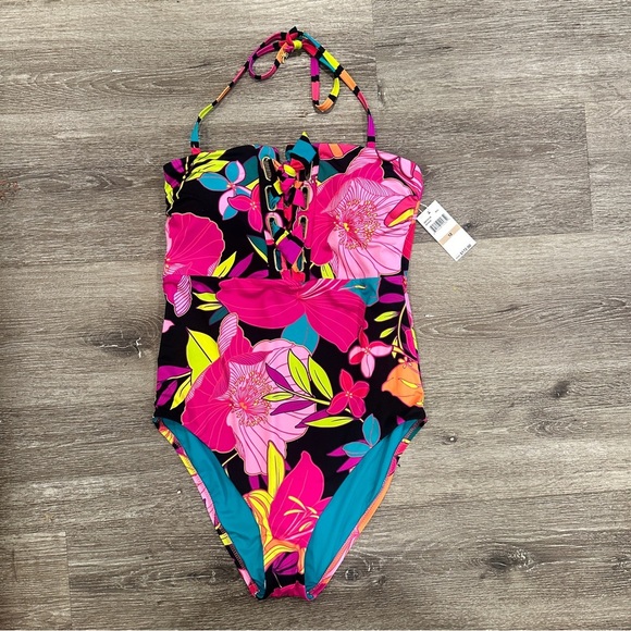Trina Turk One Piece Lace Up Strapless Bandeau Floral Swimsuit- New One-piece - Picture 1 of 11